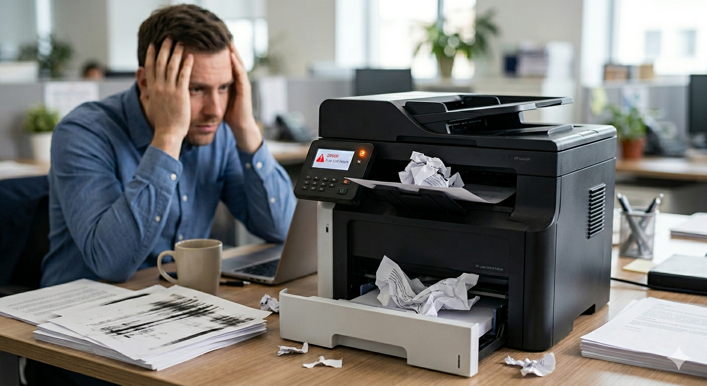 Frustrated man sitting at office desk with broken printer showing paper jam error — Vijay Enterprises printer repair services Kolkata